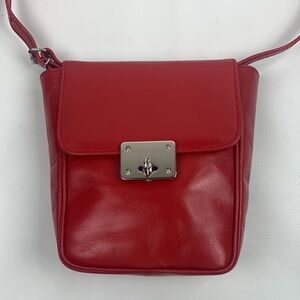 Vintage Ann Taylor Red Leather Crossbody Bag Silver Kiss lock opening Adjustable